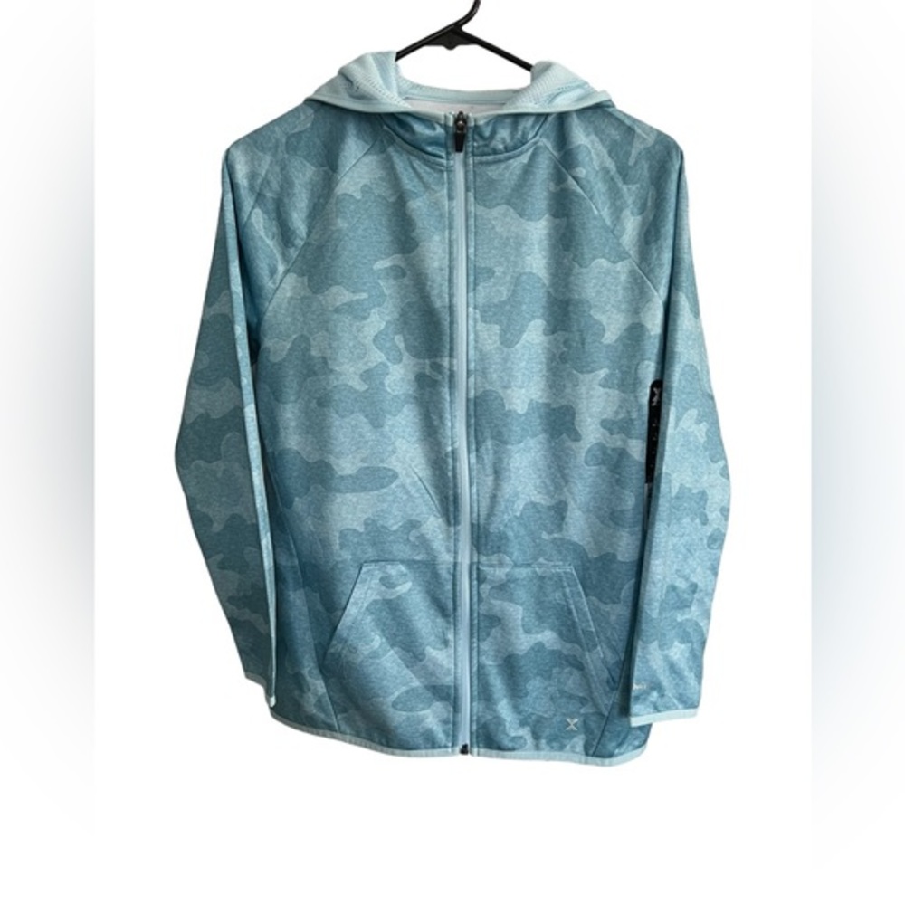 NWT Kids Unisex Size L 14/16 Xersion Blue Camo Hooded Sweatshirt Full Zip Sz L